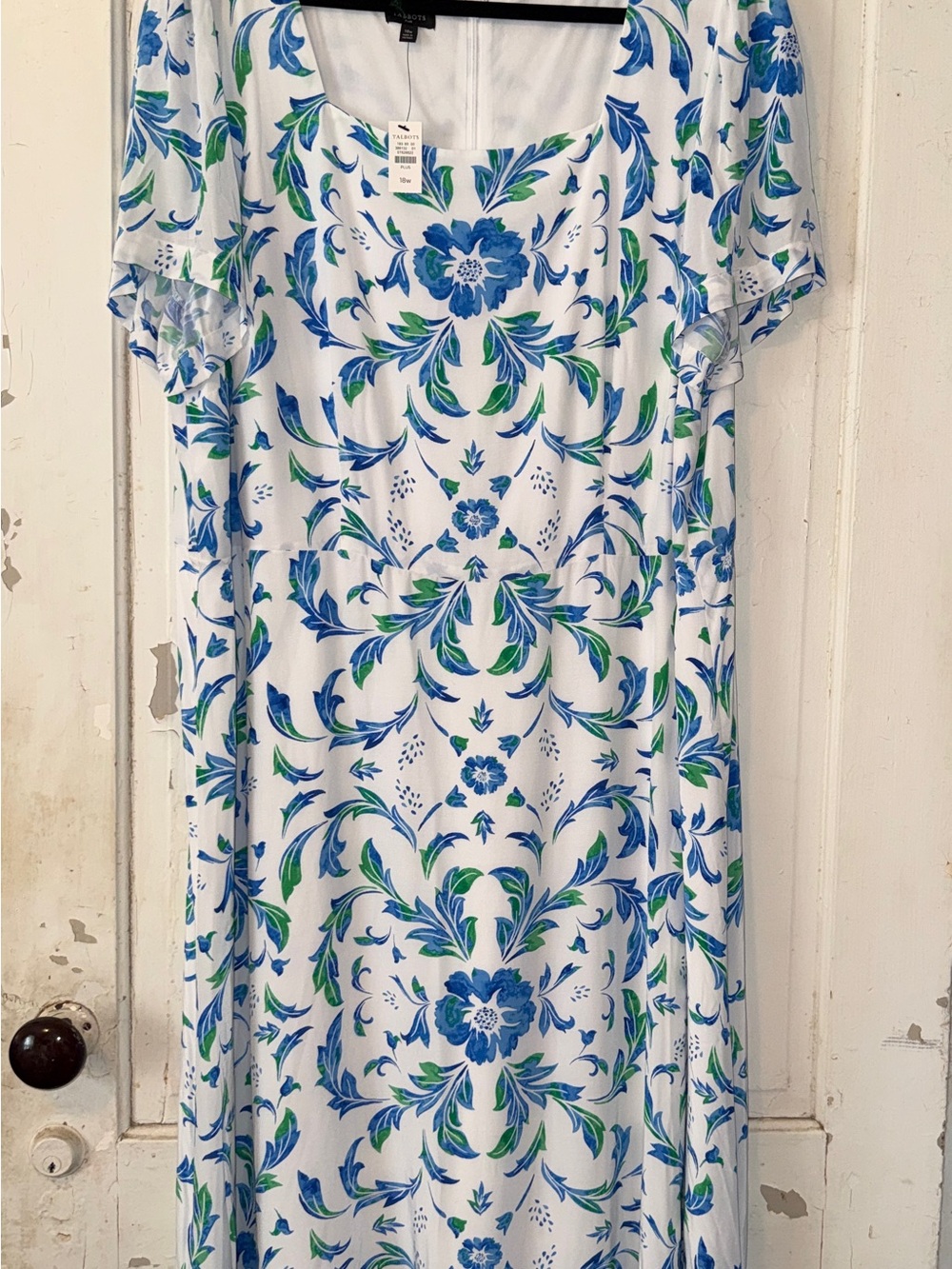 Talbots White Maxi Dress with Blue & Green Floral Print